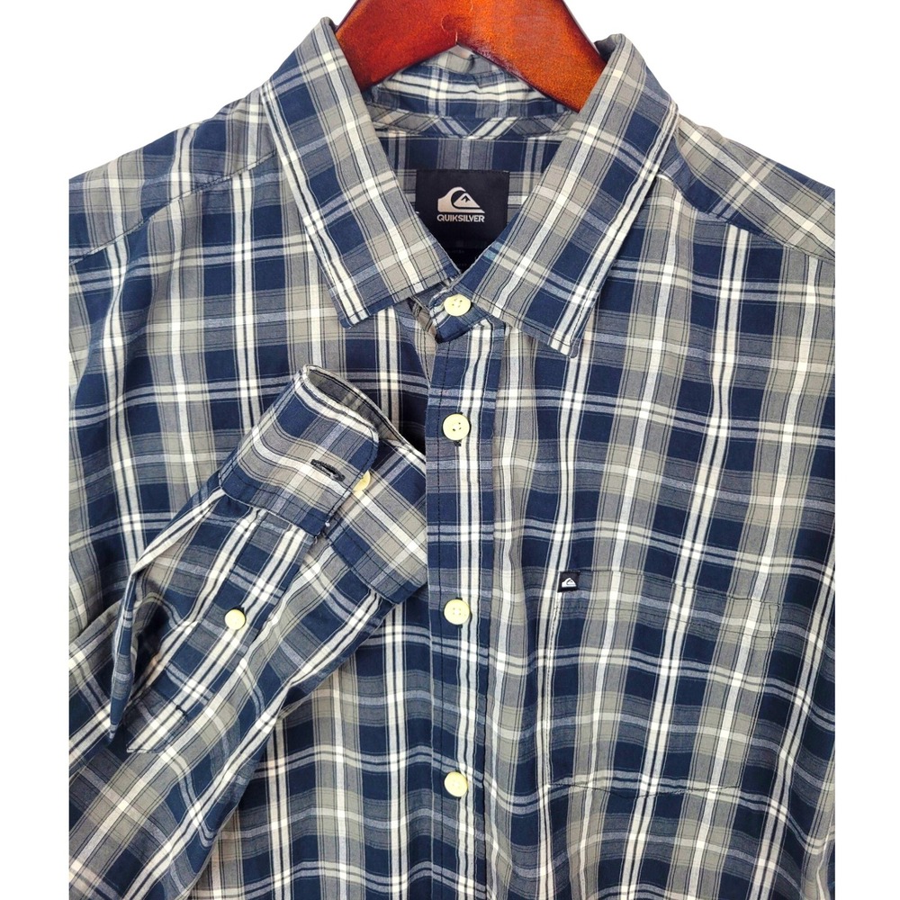 Quiksilver Mens Plaid Long Sleeve Button Down Shirt Gray Blue Size L Regular Fit